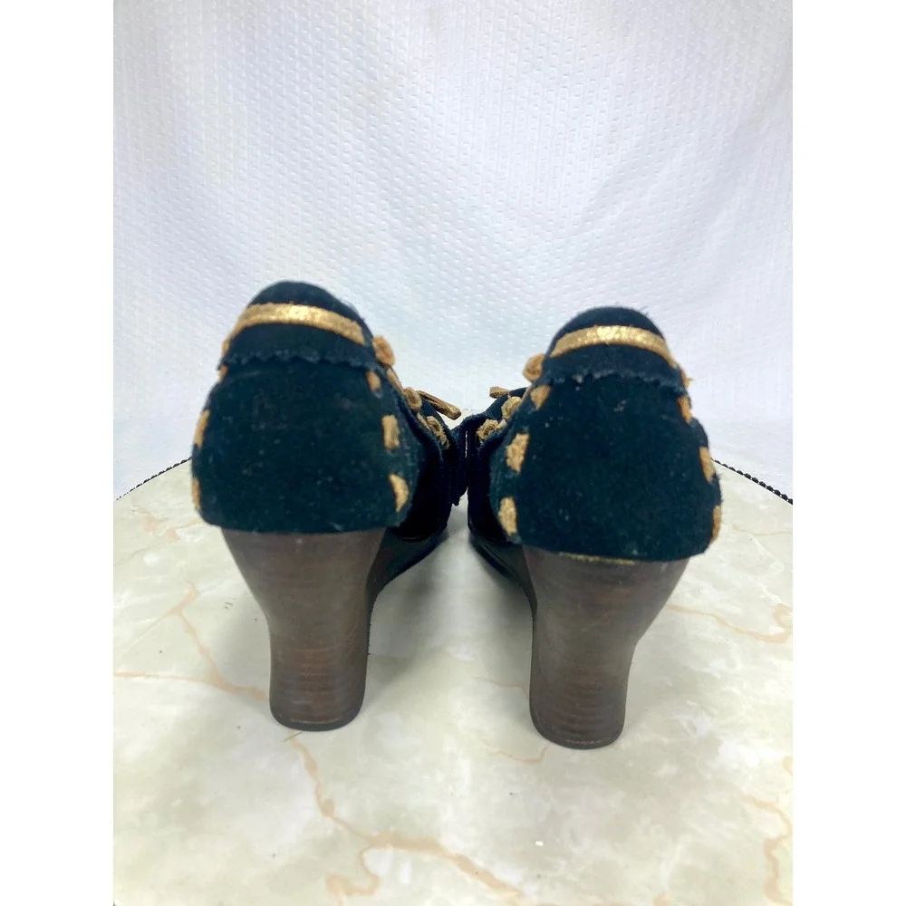Sam Edelman Studded Fringe Moccasin Wedge Heels Womens 7.5 Black Leather Western